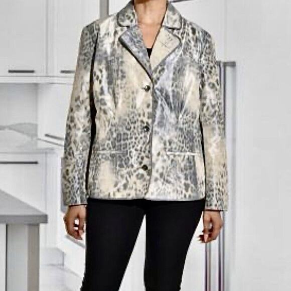 Chicos Animal Print Blazer Jacket Size 3‎ (XL) Grey Cream Lined, Wind Breaker - Picture 1 of 12